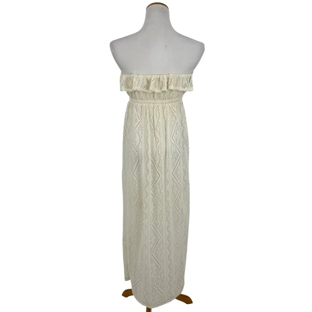 Vtg F21 Cream Lace Ruffle Hem Strapless Maxi Dress | Y2K Coquette Coastal Boho S - Picture 10 of 16